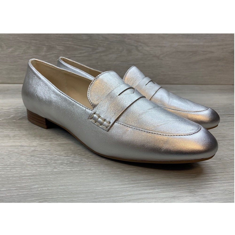 Cole Haan Women's Silver Metallic Leather Penny Loafers 8 Flats Casual Shoes